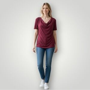 We‎ The Free Free People Top XS Burgundy Draped Cowl Neck Short Sleeve